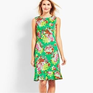 Talbots Floral Sheath Dress Size 6 Twee Sleeveless Green Ruffle Hem Colorful